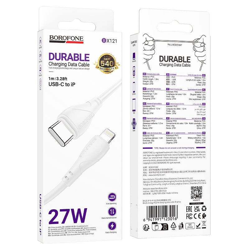 Kabel pro data a nabíjení USB-C - USB-C Borofone BX121 Energy, 60W, 1m, Bílý