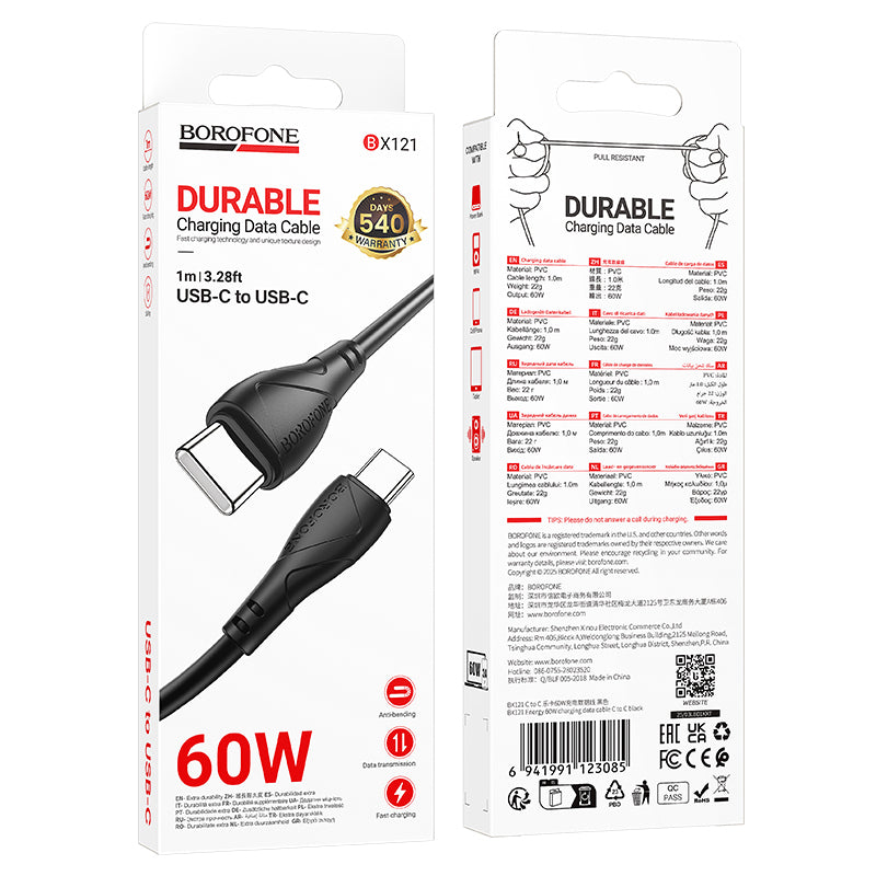 Datový a nabíjecí kabel USB-C - USB-C Borofone BX121 Energy, 60W, 1m, černý