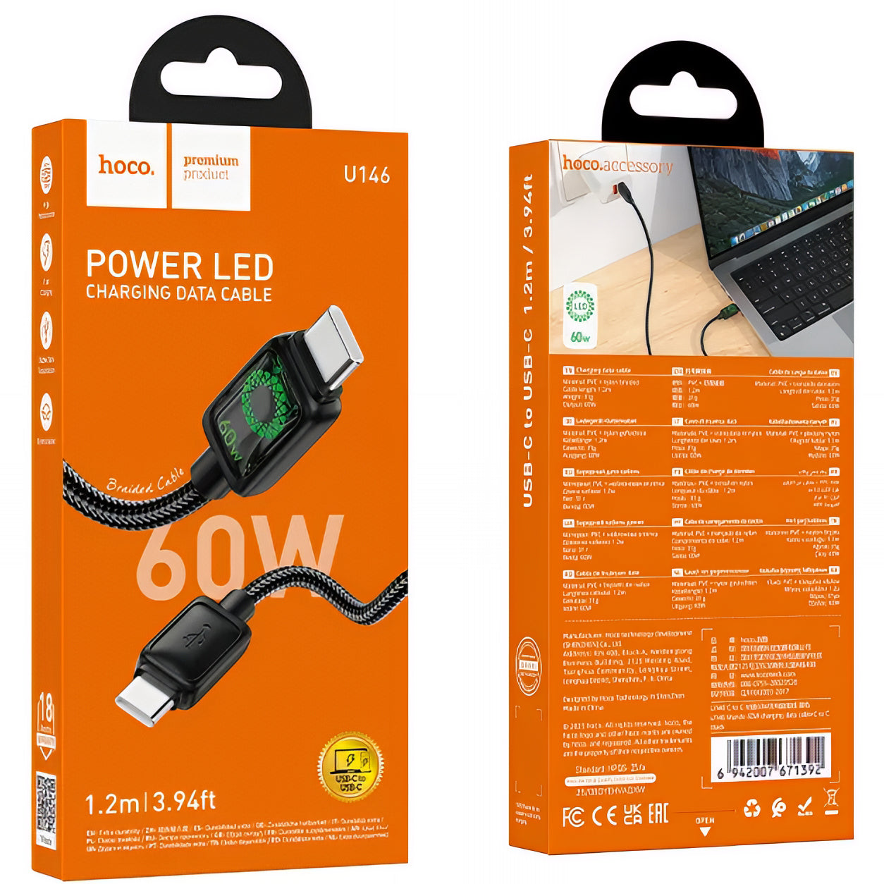 Datový a nabíjecí kabel USB-C - USB-C HOCO U146, 60W, 1.2m, černý