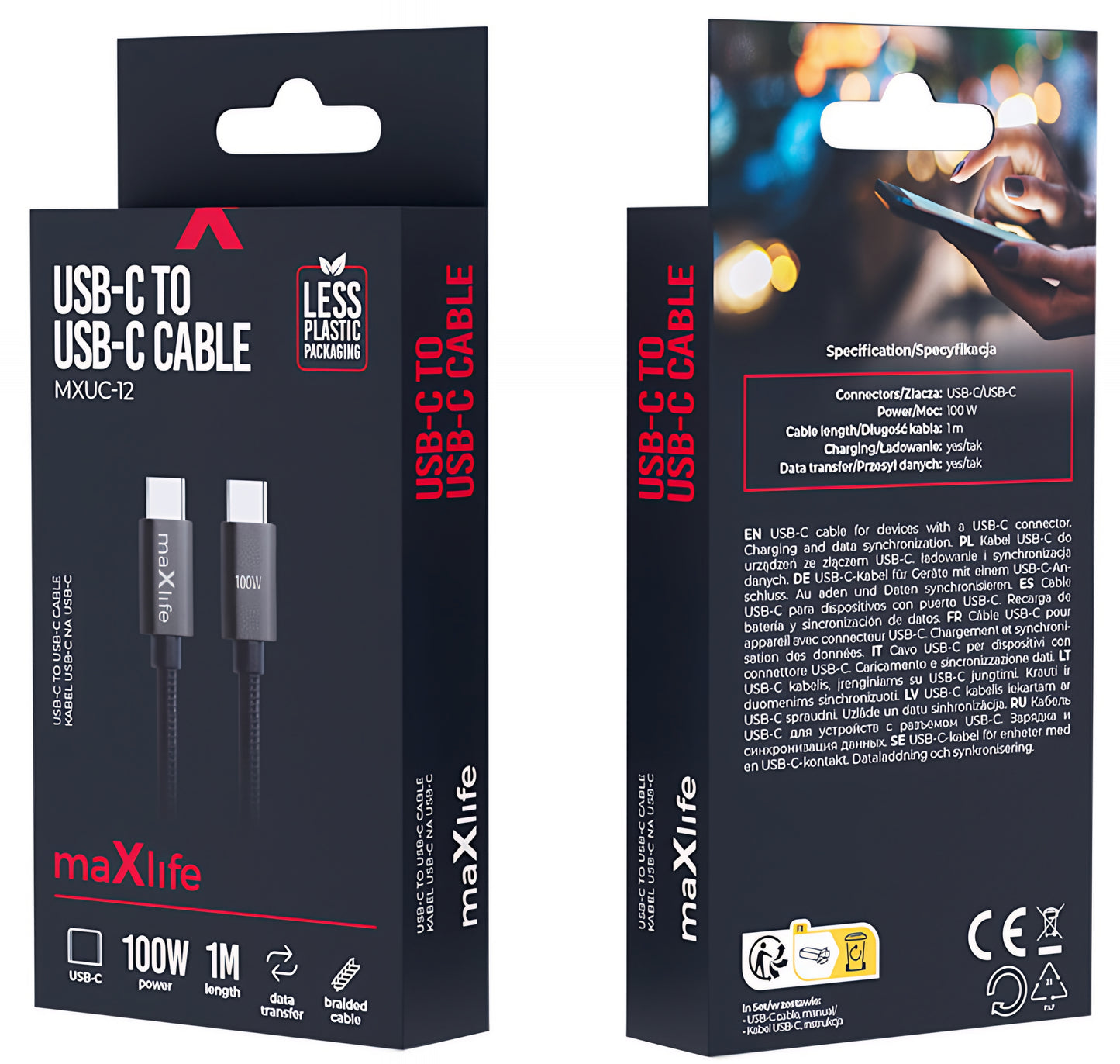 Datový a nabíjecí kabel USB-C - USB-C MaXlife MXUC-12, 100W, 1m, černý