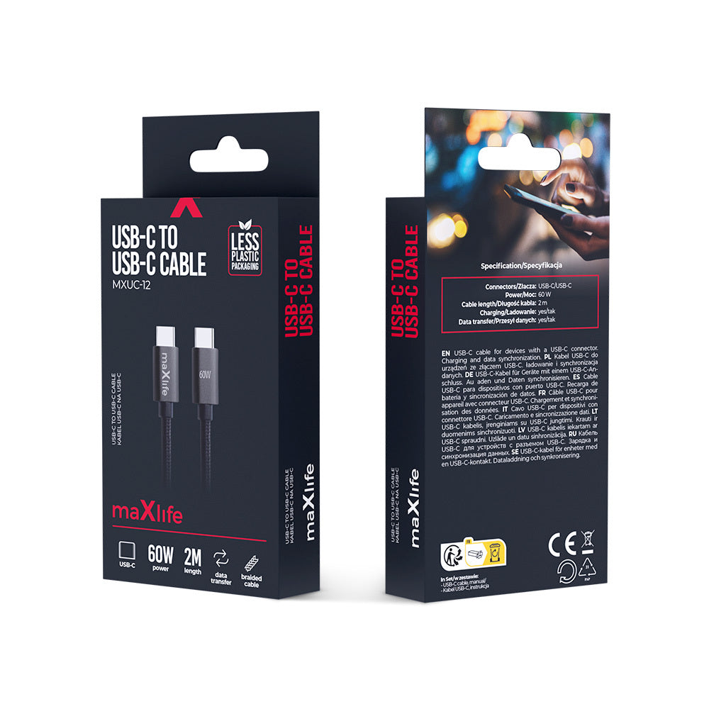 Datový a nabíjecí kabel USB-C - USB-C MaXlife MXUC-12, 60W, 2m, černý