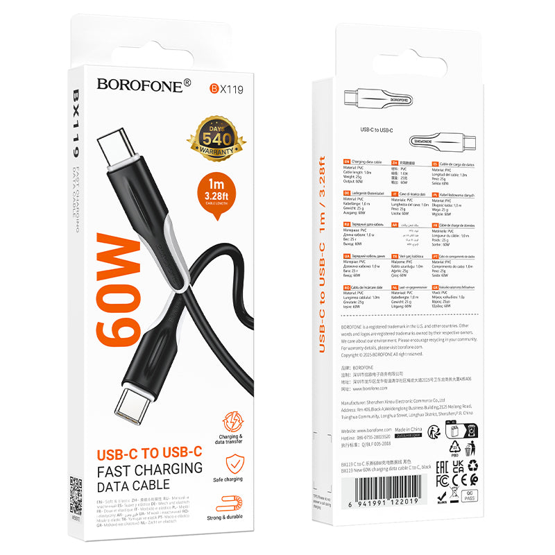 Datový a nabíjecí kabel USB-C - USB-C Borofone BX119 New, 60W, 1m, černý