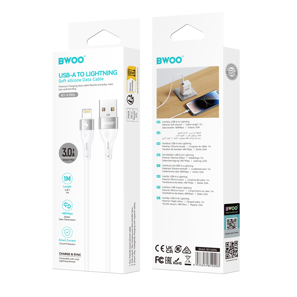 Datový a nabíjecí kabel USB-A - Lightning BWOO X280L, 15W, 1m, bílý