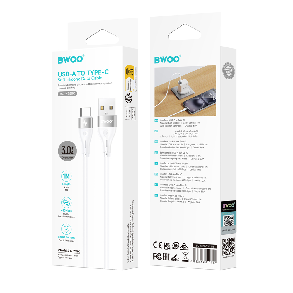 Datový a nabíjecí kabel USB-A - USB-C BWOO X280C, 15W, 1m, bílý