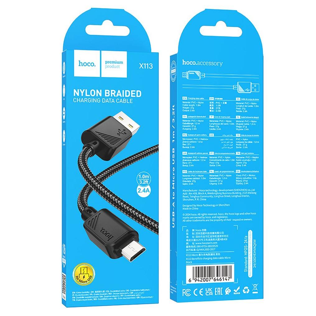 Datový a nabíjecí kabel USB-A - microUSB HOCO X113, 18W, 1m, černý