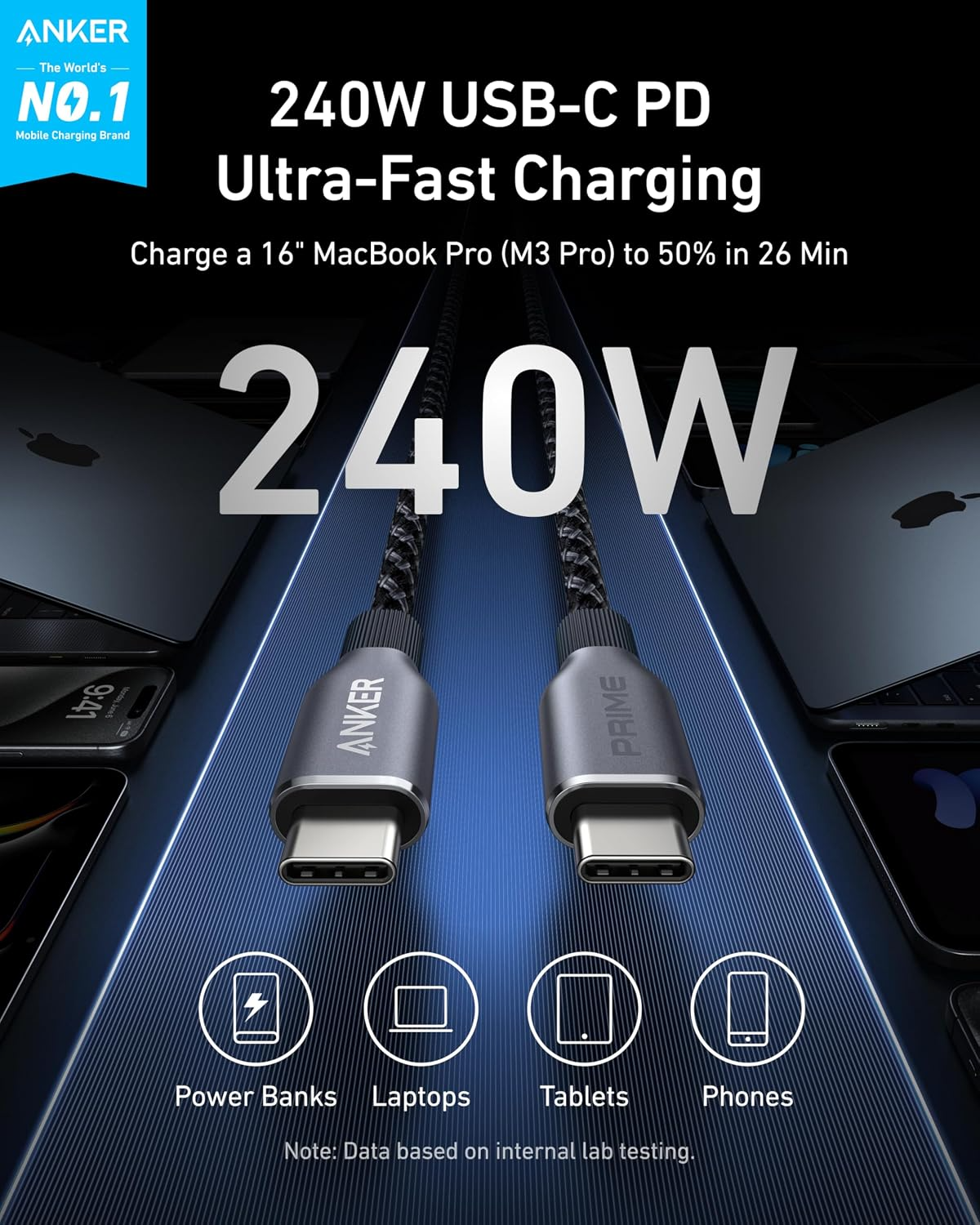 Anker Prime USB-C to USB-C Data and Charging Cable, 240W, 0.9m, Black A88E2011
