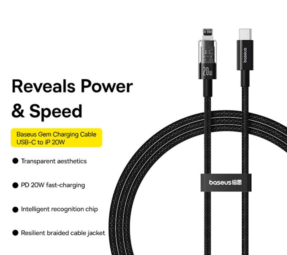 Kabel pro data a nabíjení USB-C - Lightning Baseus Gem, 20W, 1m, Černý P10373001111-00