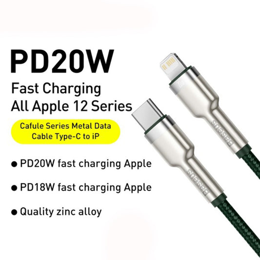 Datový a nabíjecí kabel USB-C - Lightning Baseus Cafule Metal Series, 20W, 2m, Zelený CATLJK-B06