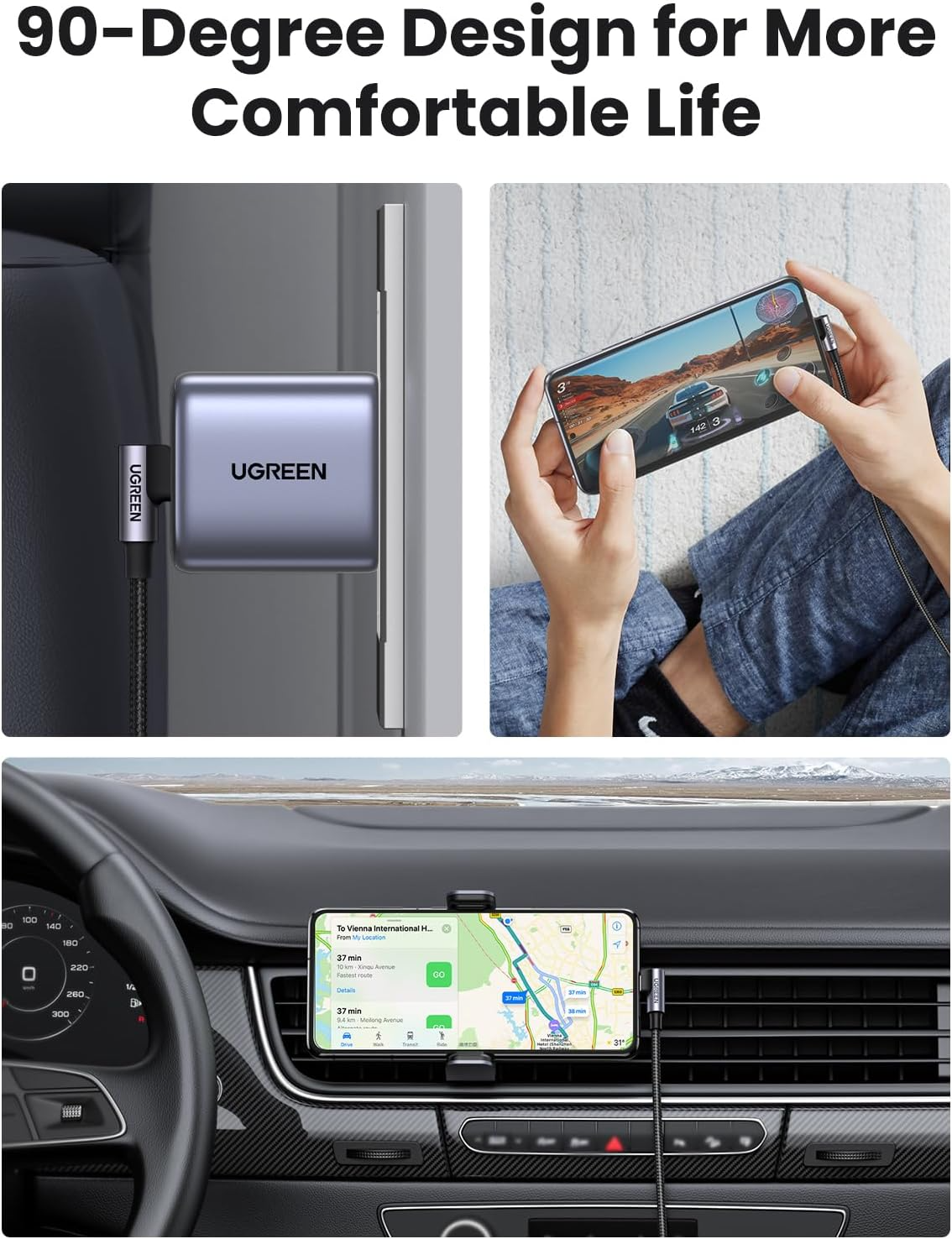 Datový a nabíjecí kabel USB-C - USB-C UGREEN US255 Angled, 60W, 3m, šedý