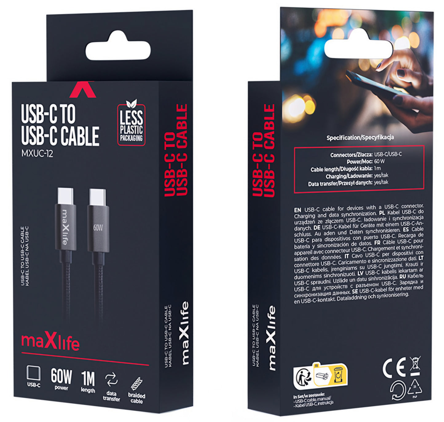 Datový a nabíjecí kabel USB-C - USB-C MaXlife MXUC-12, 60W, 1m, černý
