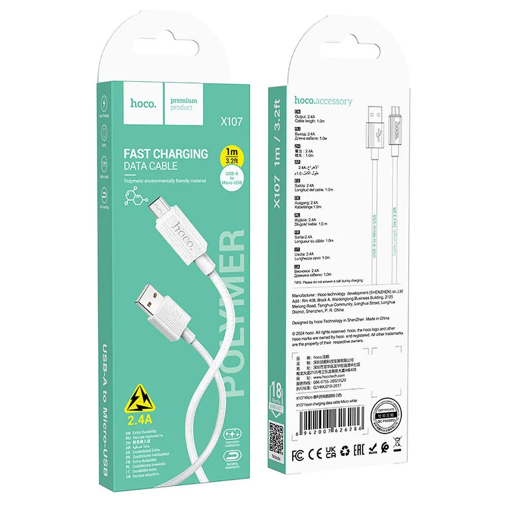 Datový a nabíjecí kabel USB-A - microUSB HOCO X107, 18W, 1m, bílý