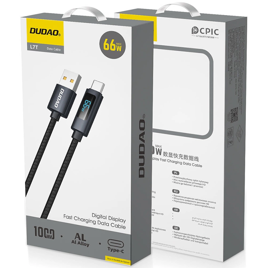 Datový a nabíjecí kabel USB-A - USB-C Dudao L7T Display, 66W, 1m, černý