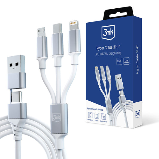 Nabíjecí kabel USB-A / USB-C - Lightning / microUSB / USB-C 3MK Hyper 3in1, 12W, 1.5m, Bílý