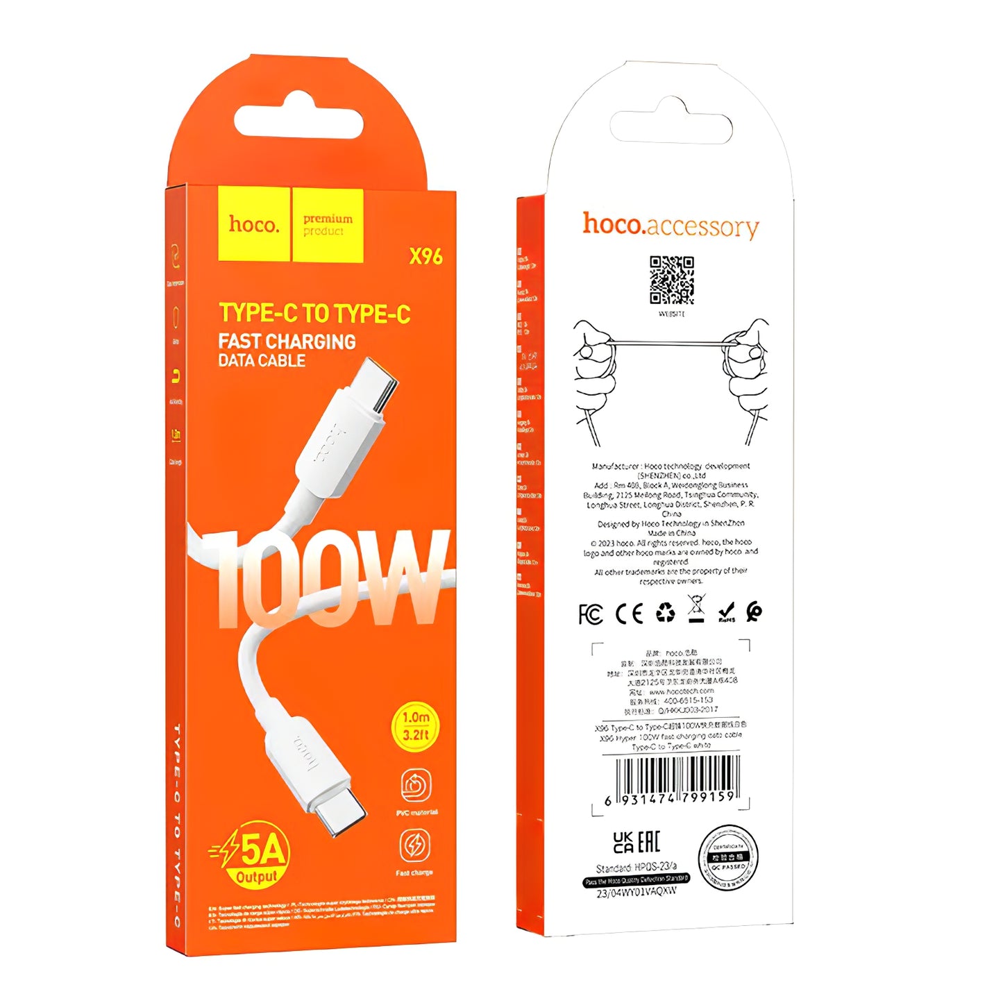 Datový a nabíjecí kabel USB-C - USB-C HOCO X96, 100W, 1m, Bílý
