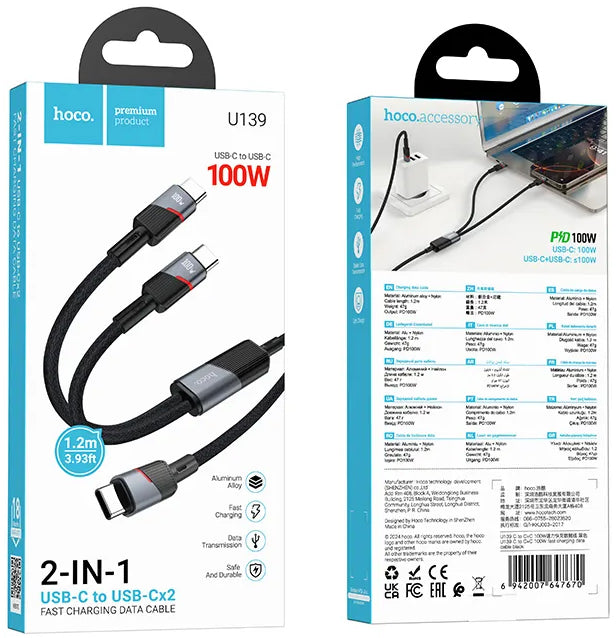 Datový a nabíjecí kabel USB-C - 2 x USB-C HOCO U139 2v1, 100W, 1.2m, Černý