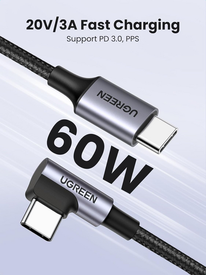 Datový a nabíjecí kabel USB-C - USB-C UGREEN US255 Angled, 60W, 3m, šedý
