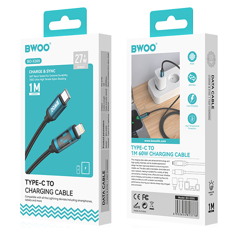 Datový a nabíjecí kabel USB-C - Lightning BWOO X305 Display, 27W, 1m, černý