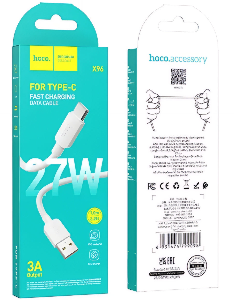 Datový a nabíjecí kabel USB-A - USB-C HOCO X96, 27W, 1m, Bílý