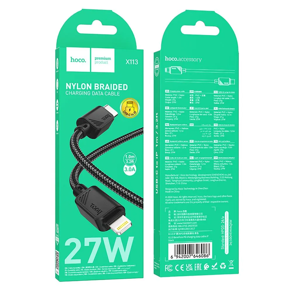 Datový a nabíjecí kabel USB-C - Lightning HOCO X113, 27W, 1m, černý