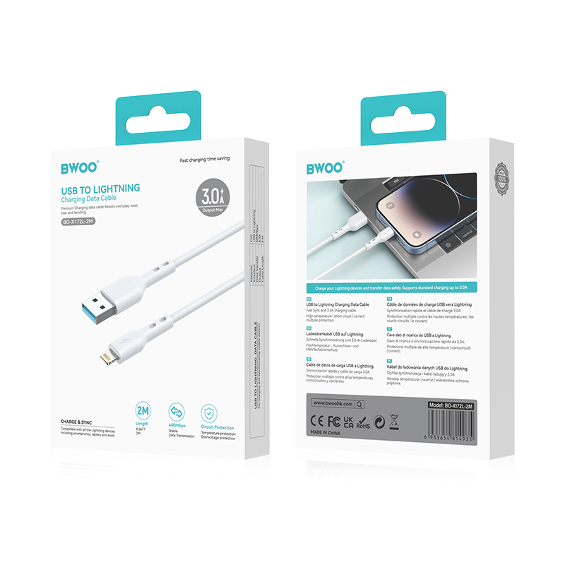 Datový a nabíjecí kabel USB-A - Lightning BWOO BO-X172L-2M, 15W, 2m, bílý
