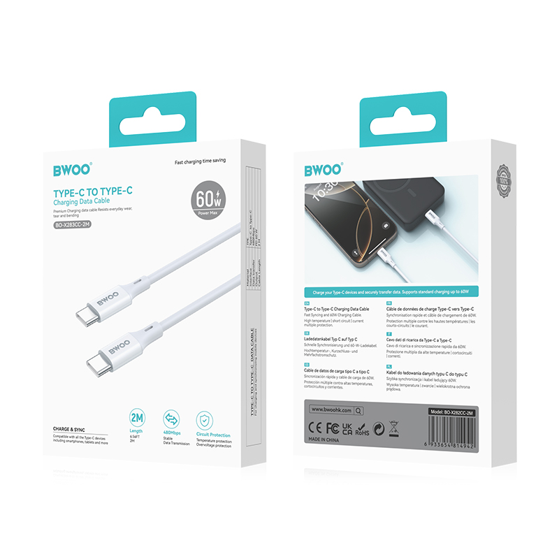 Datový a nabíjecí kabel USB-C - USB-C BWOO BO-X283CC-2M, 60W, 2m, bílý