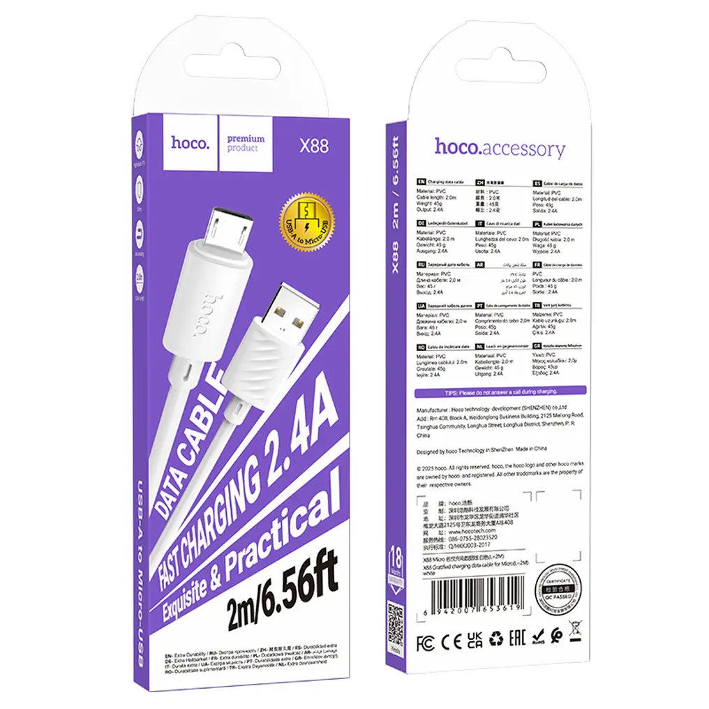 Datový a nabíjecí kabel USB-A - microUSB HOCO X88, 18W, 2m, bílý