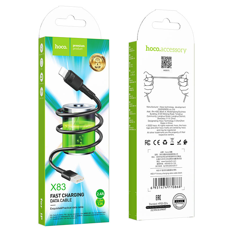 Datový a nabíjecí kabel USB-A - Lightning HOCO X83 Victory, 18W, 1m, černý