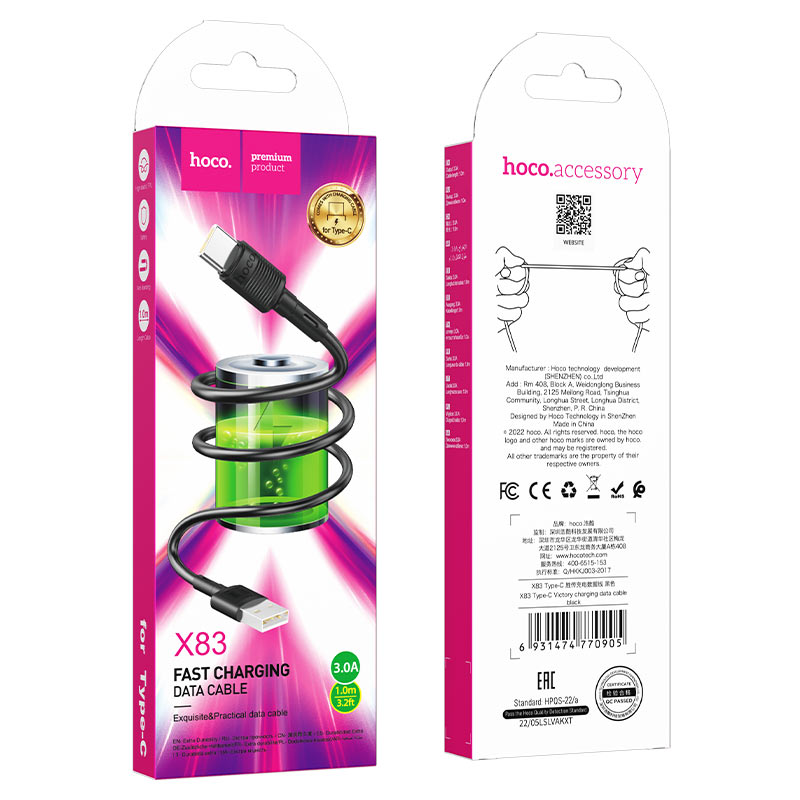 Datový a nabíjecí kabel USB-A - USB-C HOCO X83 Victory, 20W, 1m, Černý