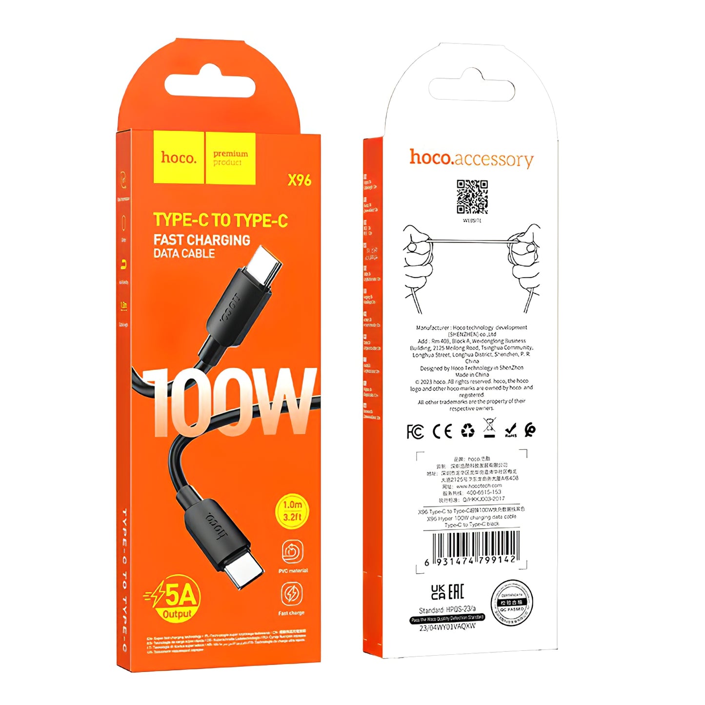 Datový a nabíjecí kabel USB-C - USB-C HOCO X96, 100W, 1m, černý