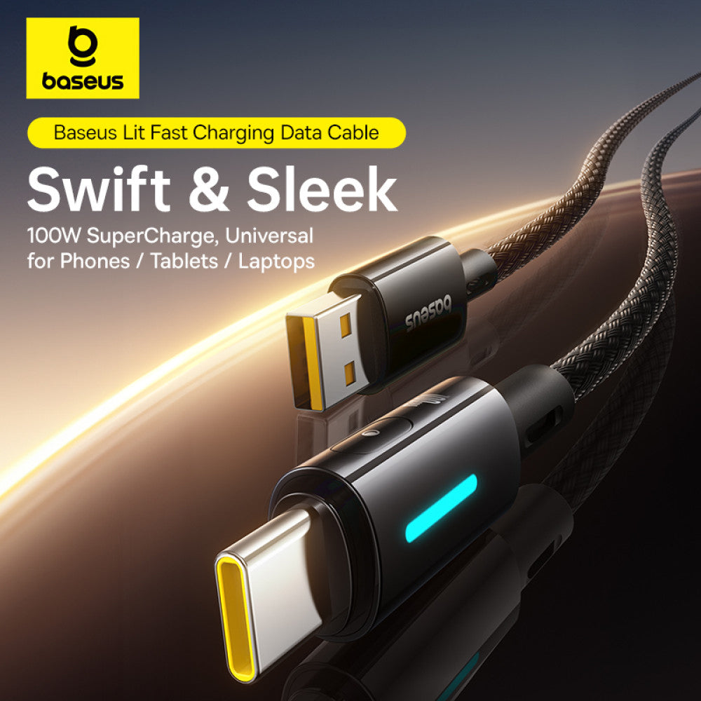 Datový a nabíjecí kabel USB-A - USB-C Baseus Lit Button Control, 100W, 2m, Černý P10379002121-01
