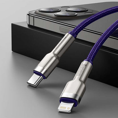Datový a nabíjecí kabel USB-C - Lightning Baseus Cafule Metal Series, 20W, 1m, Fialový CATLJK-A05