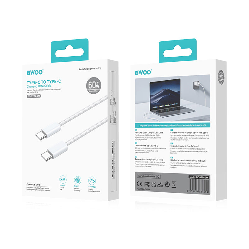 Datový a nabíjecí kabel USB-C - USB-C BWOO BO-X284, 60W, 2m, Bílý