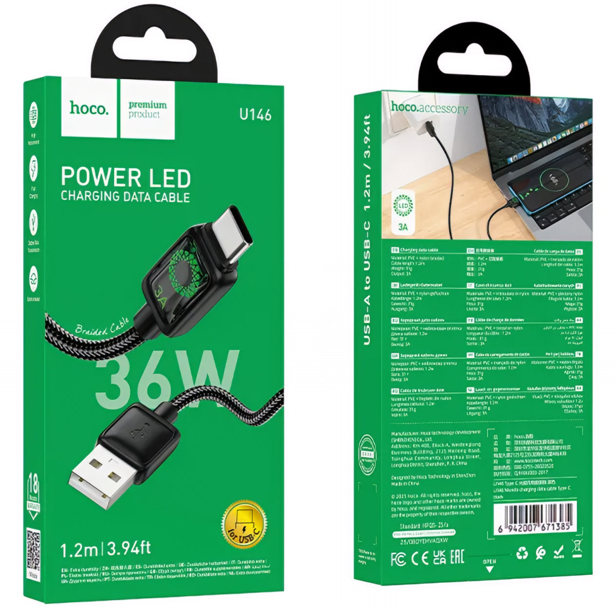 Datový a nabíjecí kabel USB-A - USB-C HOCO U146, 36W, 1.2m, černý