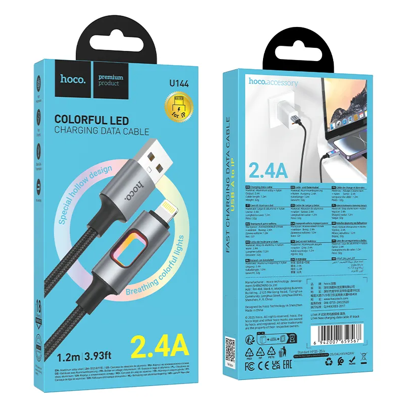 Datový a nabíjecí kabel USB-A - Lightning HOCO U144 Led, 18W, 1.2m, černý