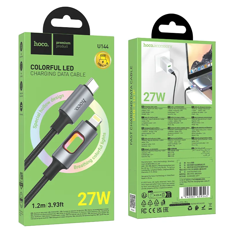 Datový a nabíjecí kabel USB-C - Lightning HOCO U144 Led, 27W, 1,2m, černý