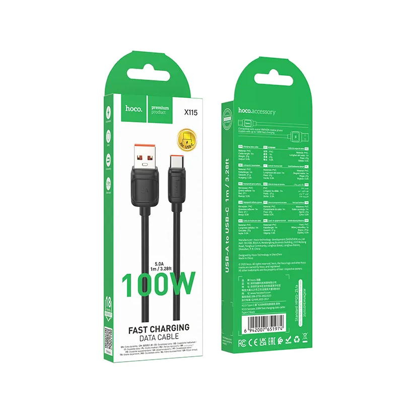 Datový a nabíjecí kabel USB-A - USB-C HOCO X115, 100W, 1m, černý