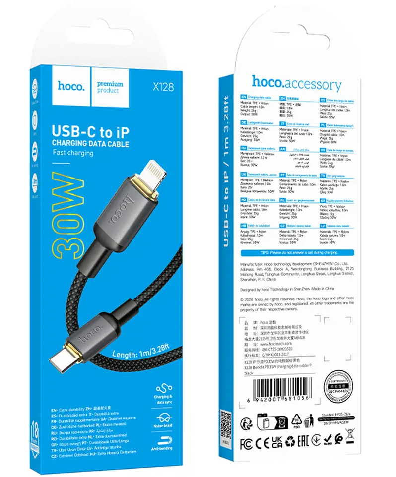 Datový a nabíjecí kabel USB-C - Lightning HOCO X128 Benefit, 30W, 1m, černý