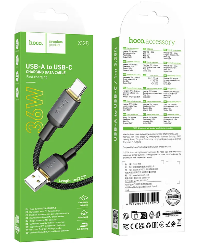 Datový a nabíjecí kabel USB-A - USB-C HOCO X128 Benefit, 36W, 1m, černý