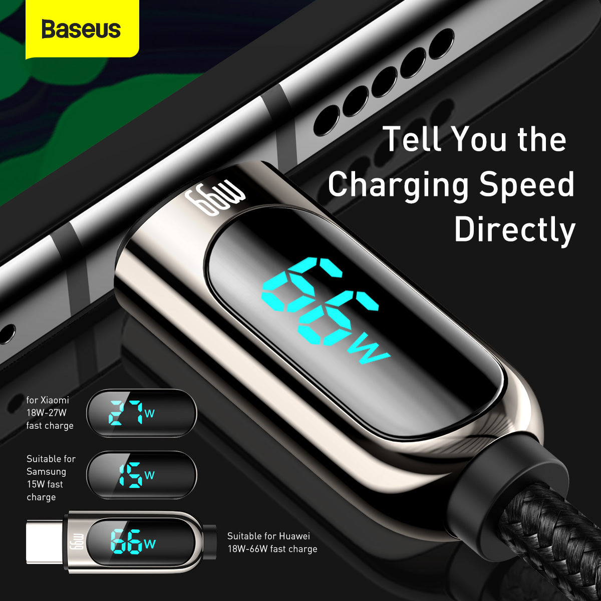 Datový a nabíjecí kabel USB-A - USB-C Baseus Display, 66W, 2m, černý CASX020101
