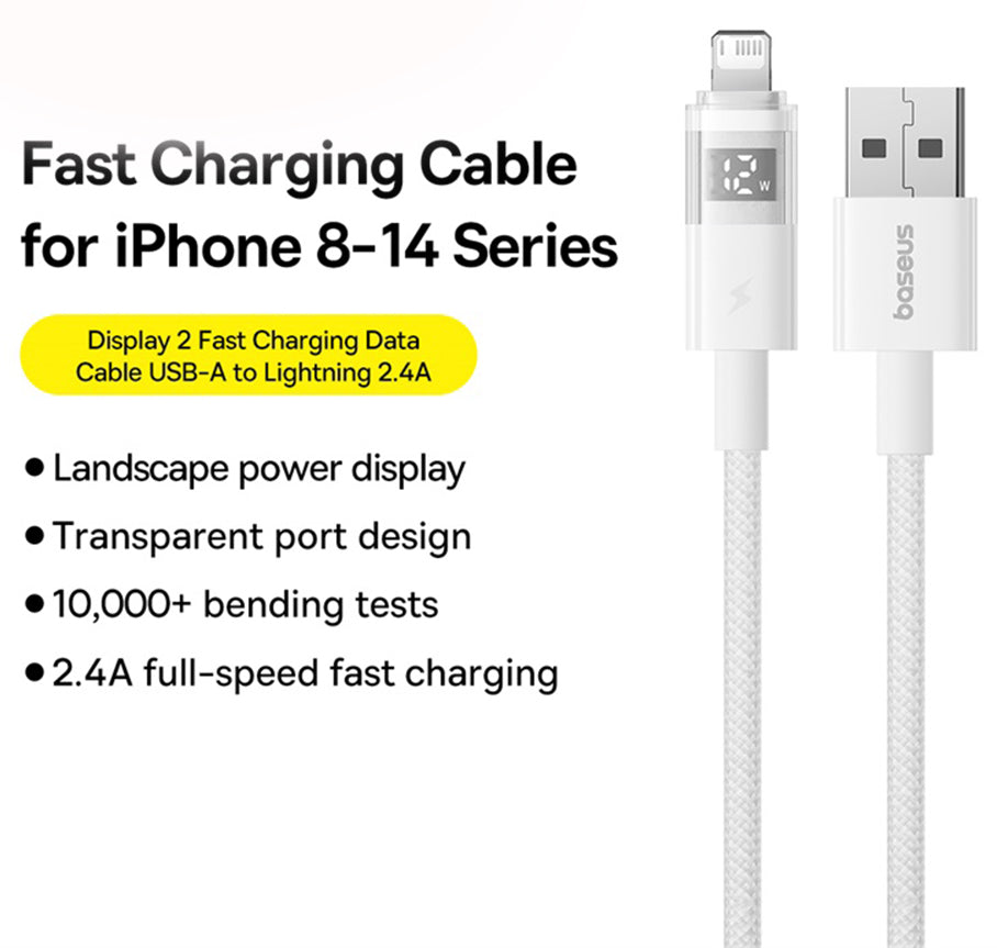 Datový a nabíjecí kabel USB-A - Lightning Baseus Display 2, 18W, 2m, bílý P10382700211-01