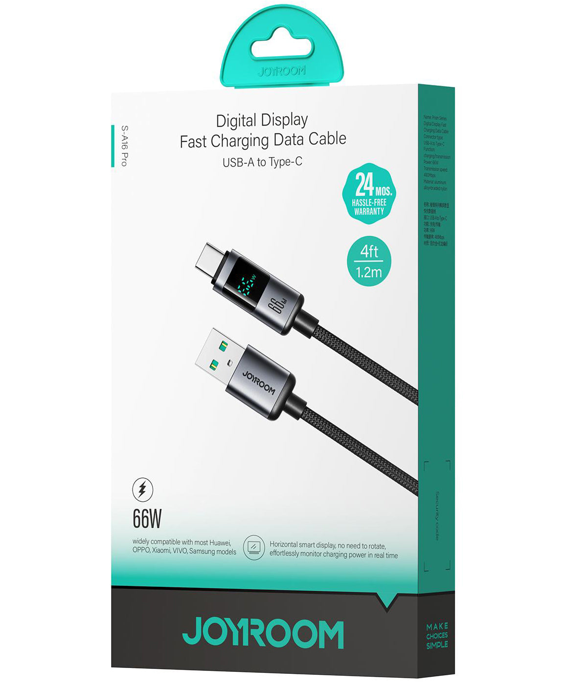 Datový a nabíjecí kabel USB-A - USB-C Joyroom S-A16 Pro Prism Display, 66W, 1.2m, černý