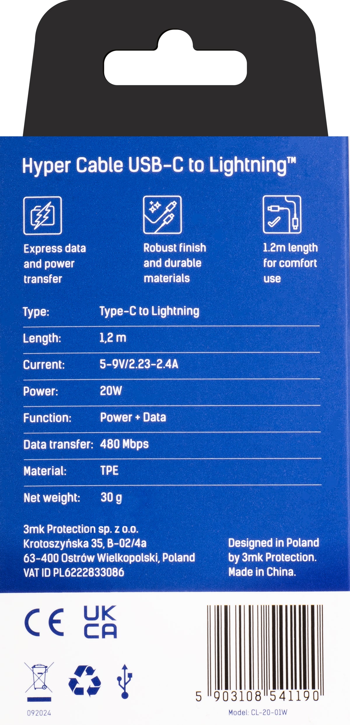 Datový a nabíjecí kabel USB-C - Lightning 3MK Hyper, 20W, 1,2m, bílý