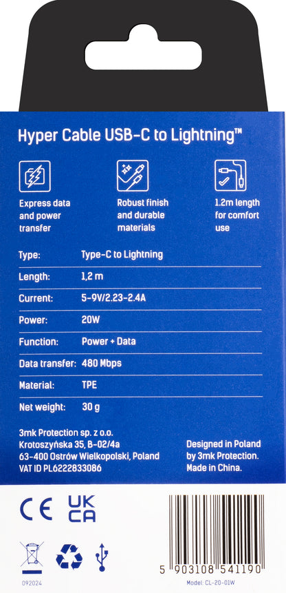 Datový a nabíjecí kabel USB-C - Lightning 3MK Hyper, 20W, 1,2m, bílý