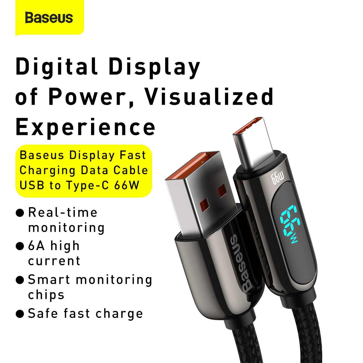 Datový a nabíjecí kabel USB-A - USB-C Baseus Display, 66W, 2m, černý CASX020101