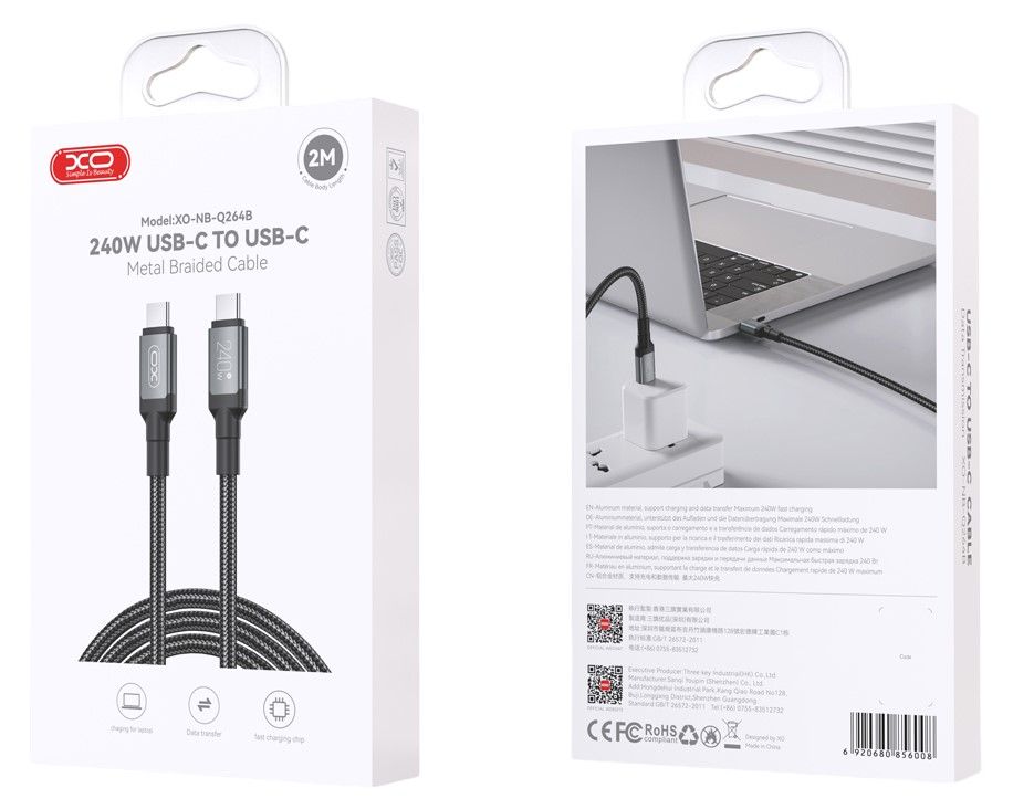 Datový a nabíjecí kabel USB-C - USB-C XO Design NB-Q264B, 240W, 2m, Černý