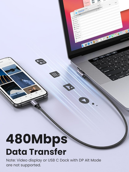 Datový a nabíjecí kabel USB-C - USB-C UGREEN US255 Angled, 60W, 3m, šedý