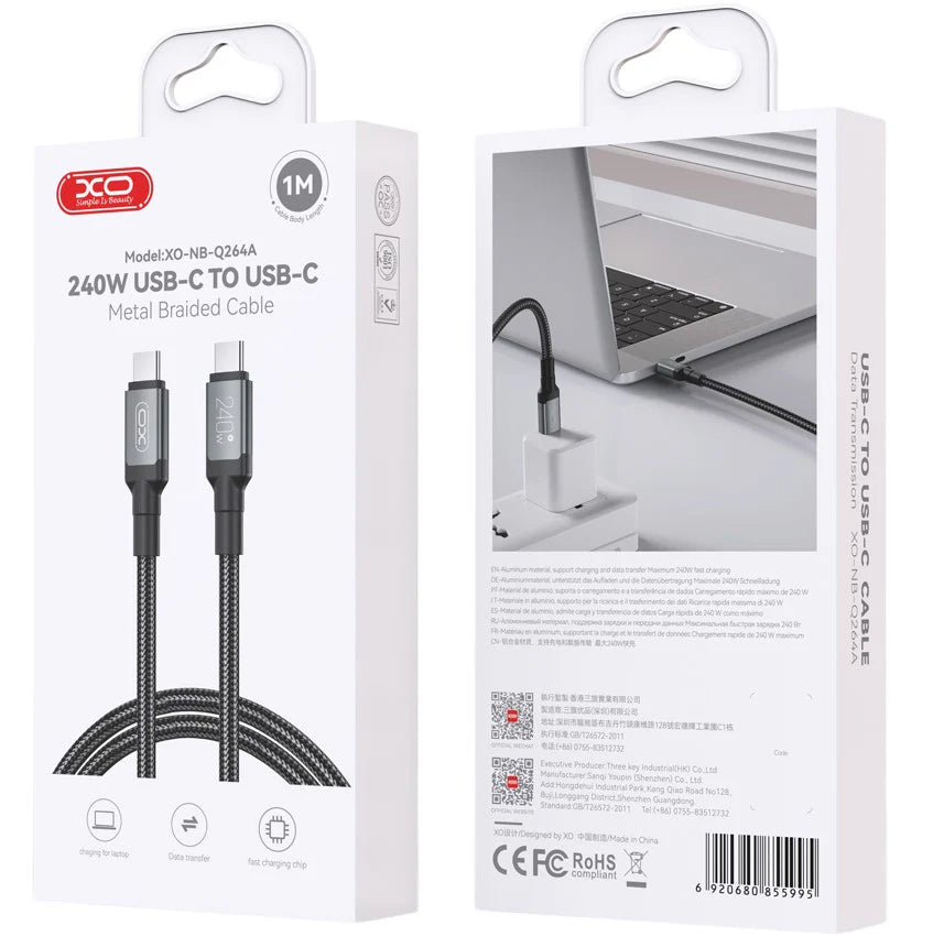 Kabel pro data a nabíjení USB-C - USB-C XO Design NB-Q264A, 240W, 1m, černý