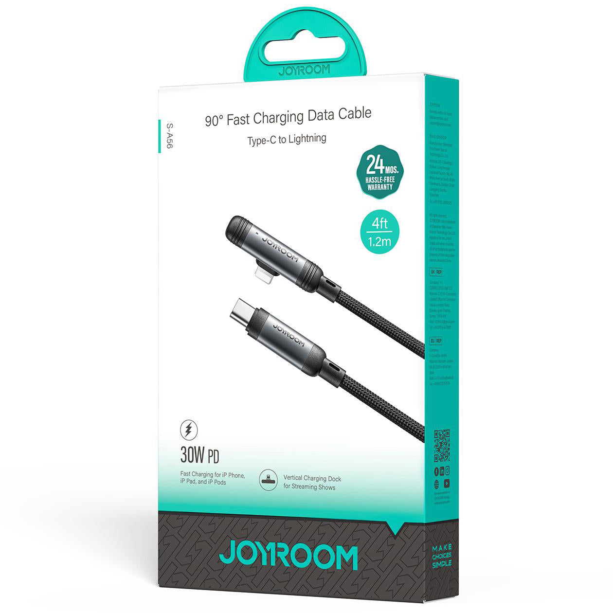 Datový a nabíjecí kabel USB-C - Lightning Joyroom S-A56 EnjoyX Angled, 30W, 1.2m, černý