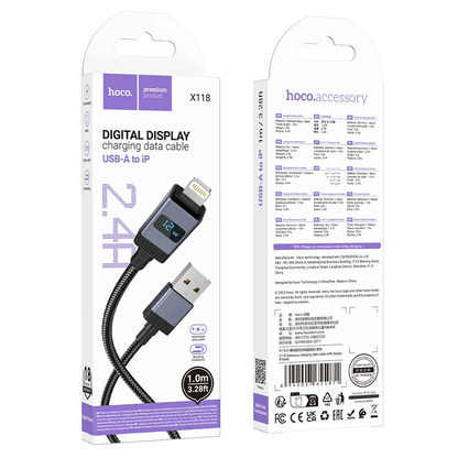 Datový a nabíjecí kabel USB-A - Lightning HOCO X118 Display, 12W, 1m, Černý