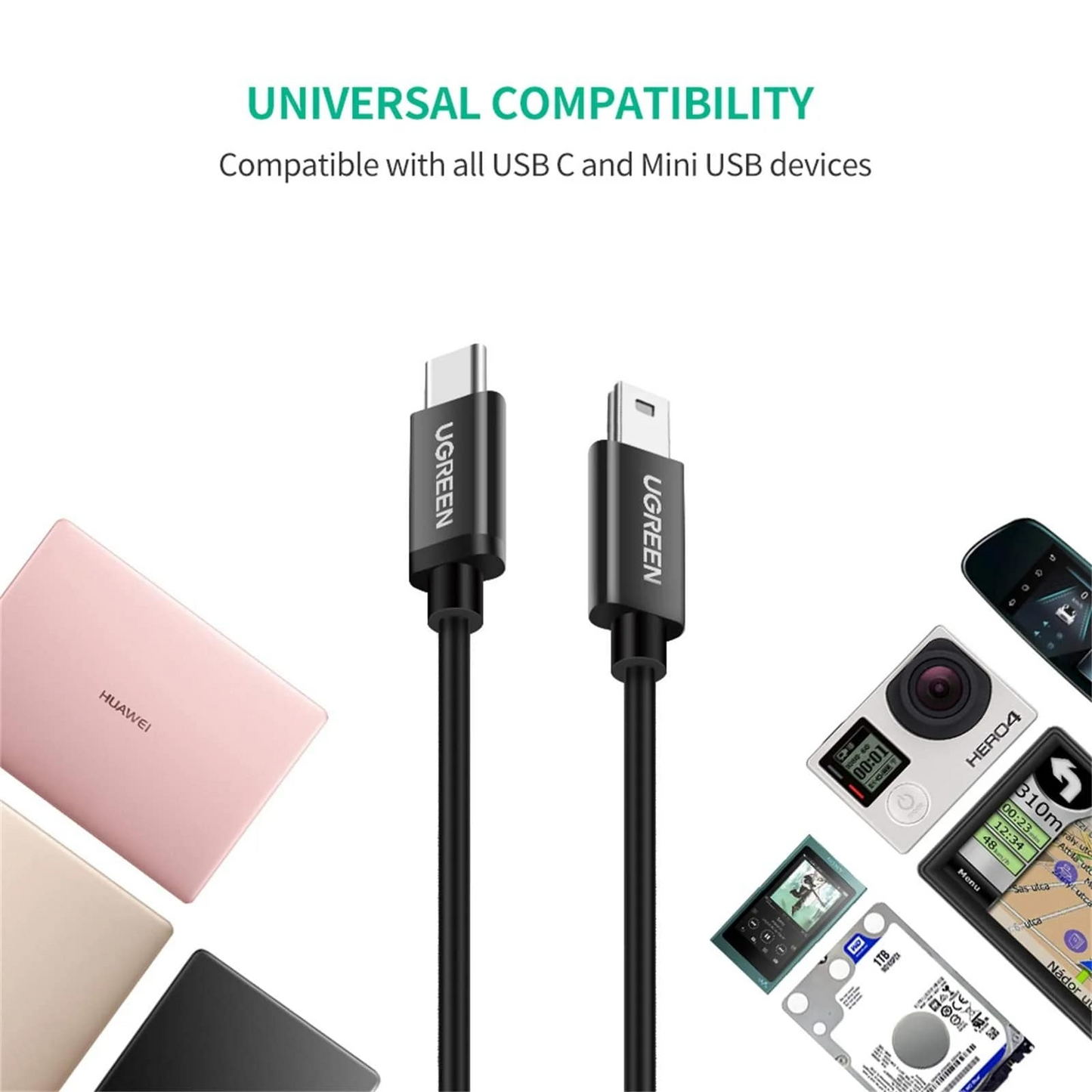 Datový a nabíjecí kabel USB-C - miniUSB UGREEN US242, 18W, 1m, černý